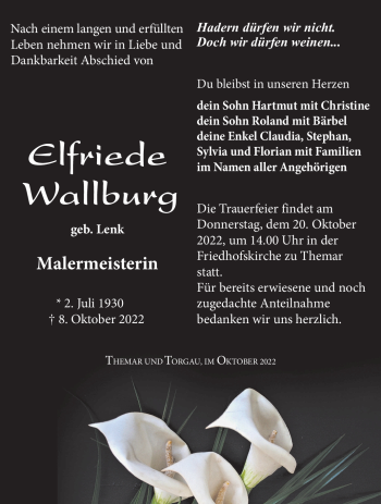 Traueranzeige von Elfriede Wallburg von Südthüringer Presse