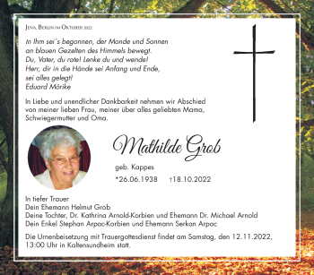Traueranzeige von Mathilde Grob von Südthüringer Presse