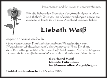 Traueranzeige von Lisbeth Weiß von Südthüringer Presse