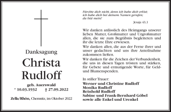 Traueranzeige von Christa Rudloff von Südthüringer Presse