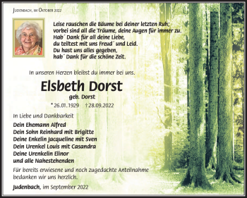 Traueranzeige von Elsbeth Dorst von Südthüringer Presse