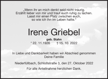 Traueranzeige von Irene Griebel von Neue Presse Coburg