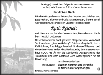 Traueranzeige von Ruth Reichelt von Südthüringer Presse