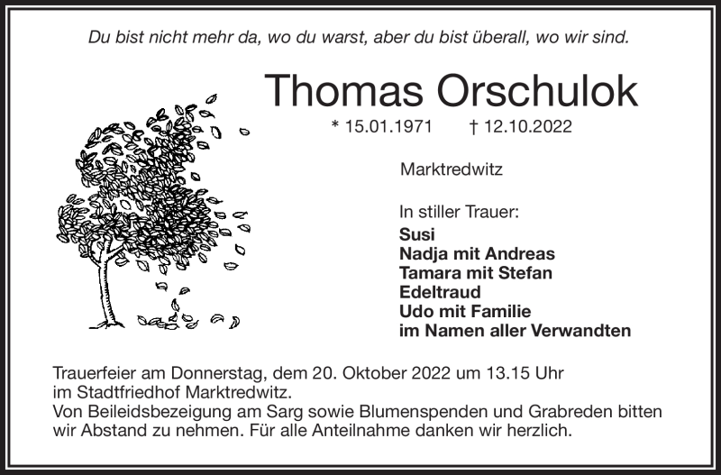  Traueranzeige für Thomas Orschulok vom 19.10.2022 aus Frankenpost