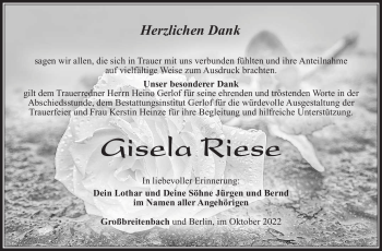 Traueranzeige von Gisela Riese von Südthüringer Presse