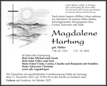 Traueranzeige von Magdalene Hartung von Südthüringer Presse