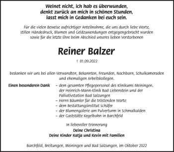 Traueranzeige von Reiner Balzer von Südthüringer Presse