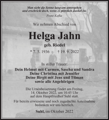Traueranzeige von Helga Jahn von Südthüringer Presse
