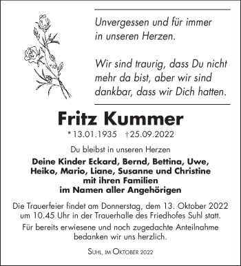 Traueranzeige von Fritz Kummer von Südthüringer Presse
