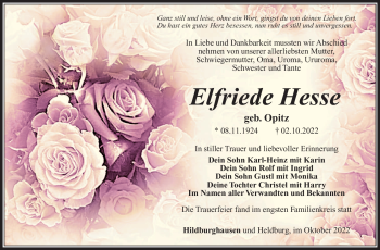 Traueranzeige von Elfriede Hesse von Südthüringer Presse