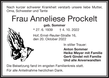 Traueranzeige von Anneliese Prockelt von Frankenpost