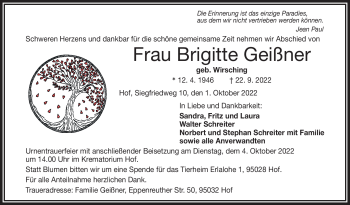 Traueranzeige von Brigitte Geißner von Frankenpost