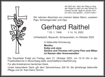 Traueranzeige von Gerhard Raithel von Frankenpost
