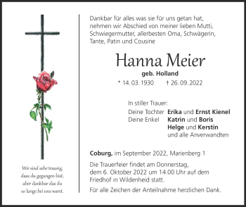 Traueranzeige von Hanna Meier von Neue Presse Coburg