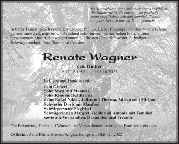 Traueranzeige von Renate Wagner von Südthüringer Presse