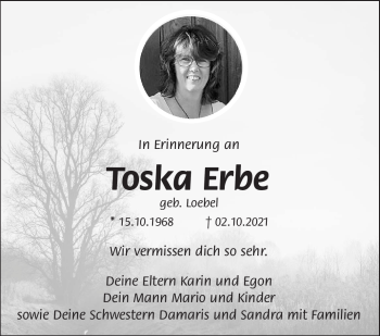 Traueranzeige von Toska Erbe von Südthüringer Presse
