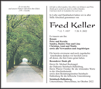 Traueranzeige von Fred Keller von Südthüringer Presse