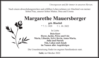 Traueranzeige von Margarethe Mauersberger von Südthüringer Presse