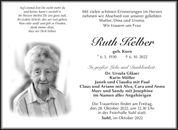 Traueranzeige von Ruth Kelber von Südthüringer Presse
