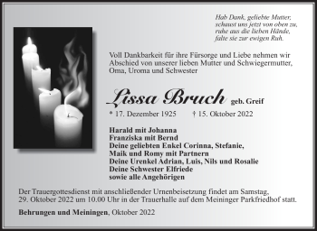 Traueranzeige von Lissa Bruch von Südthüringer Presse