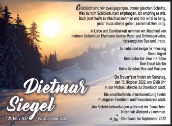 Traueranzeige von Dietmar Siegel von Südthüringer Presse
