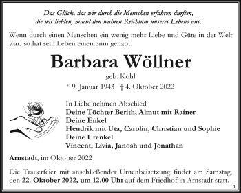 Traueranzeige von Barbara Wöllner von Südthüringer Presse