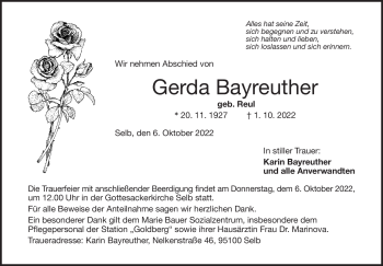 Traueranzeige von Gerda Bayreuther von Frankenpost