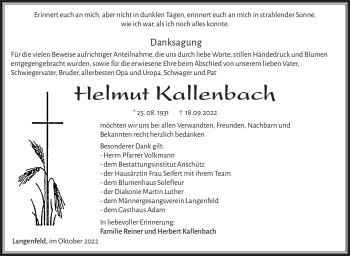 Traueranzeige von Helmut Kallenbach von Südthüringer Presse