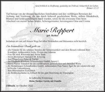 Traueranzeige von Marie Reppert von Südthüringer Presse