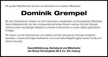 Traueranzeige von Dominik Grempel von Neue Presse Coburg