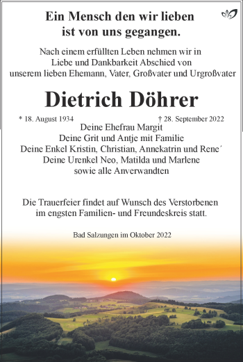 Traueranzeige von Dietrich Döhrer von Südthüringer Presse
