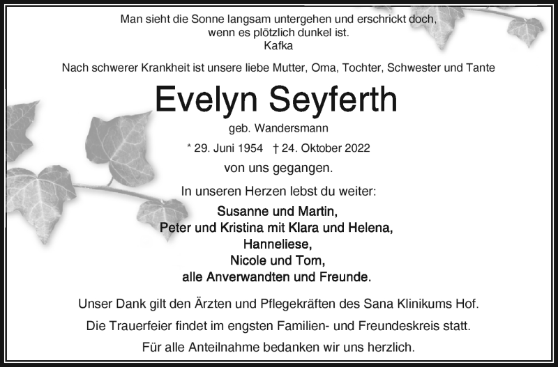  Traueranzeige für Evelyn Seyferth vom 29.10.2022 aus Frankenpost