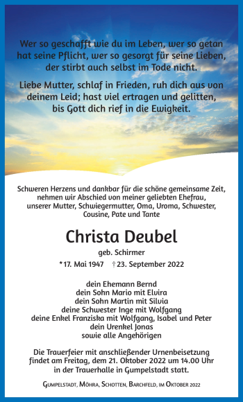 Traueranzeige von Christa Deubel von Südthüringer Presse