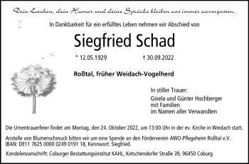 Traueranzeige von Siegfried Schad von Neue Presse Coburg