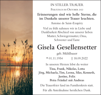 Traueranzeige von Gisela Gesellensetter von Frankenpost