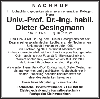 Traueranzeige von Dieter Oesingmann von Südthüringer Presse