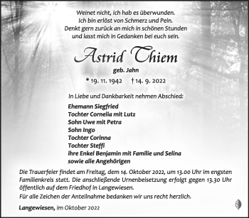 Traueranzeige von Astrid Thiem von Südthüringer Presse