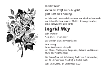 Traueranzeige von Ingrid Mey von Südthüringer Presse