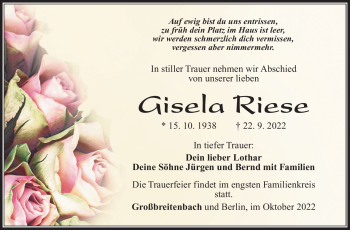 Traueranzeige von Gisela Riese von Südthüringer Presse