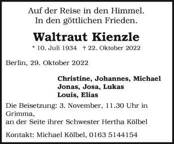 Traueranzeige von Waltraud Kienzle von Frankenpost