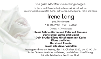 Traueranzeige von Irene Lang von Frankenpost