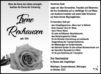Traueranzeige von Irene Rexhausen von Südthüringer Presse