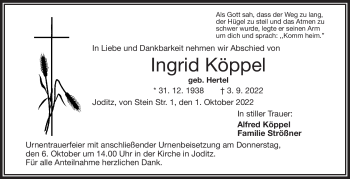 Traueranzeige von Ingrid Köppel von Frankenpost