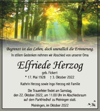 Traueranzeige von Elfriede Herzog von Südthüringer Presse