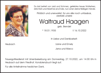 Traueranzeige von Waltraud Haagen von Neue Presse Coburg