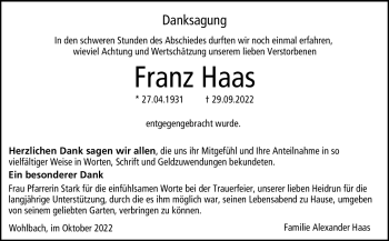 Traueranzeige von Franz Haas von Neue Presse Coburg
