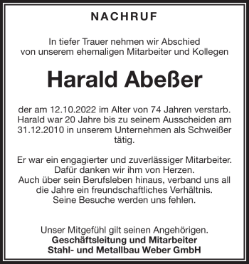 Traueranzeige von Harald Abeßer von Südthüringer Presse