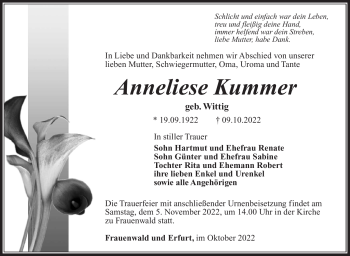 Traueranzeige von Anneliese Kummer von Südthüringer Presse