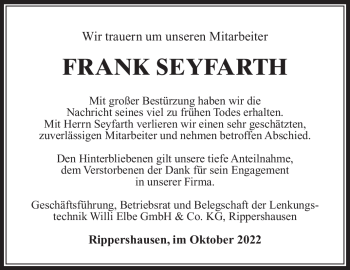 Traueranzeige von Frank Seyfarth von Südthüringer Presse