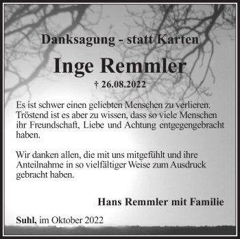 Traueranzeige von Inge Remmler von Südthüringer Presse